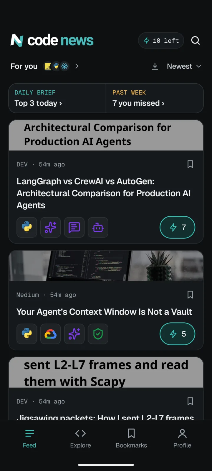 The Code News app on Android: the news feed with the daily brief on top